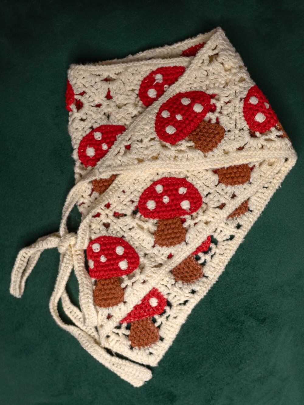 Never Worn Crochet Ivory Bandana Headpiece - Red Mushrooms - Cottagecore